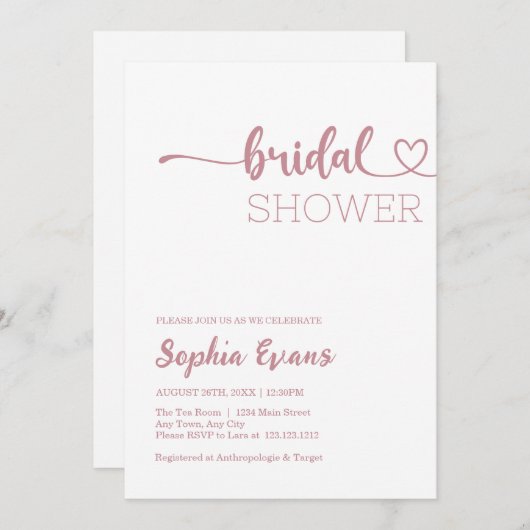 Minimalistische Boho Rose Gold und Weiß Brautparty Einladung (Vorne/Hinten)