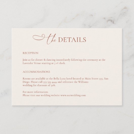 Minimalistische Boho Terracotta Hochzeitskarte Begleitkarte (Vorderseite)