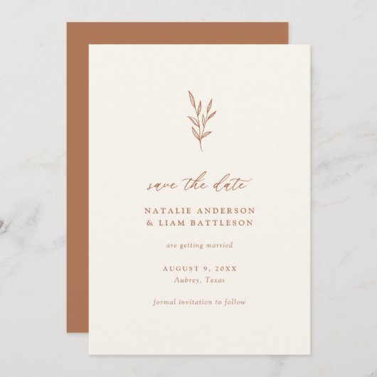 Minimalistische botanische Burnt Orange Wedding Re Save The Date (Vorne/Hinten)