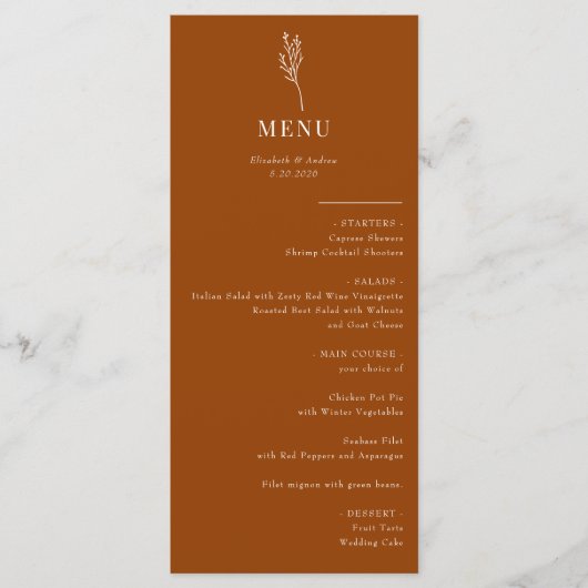 Minimalistische botanische Flora | Hochzeitsmenü Menükarte (Vorderseite)
