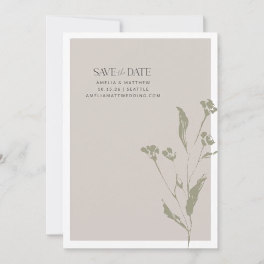 Minimalistische botanische Neutrale Hochzeit im He Save The Date (Vorderseite)