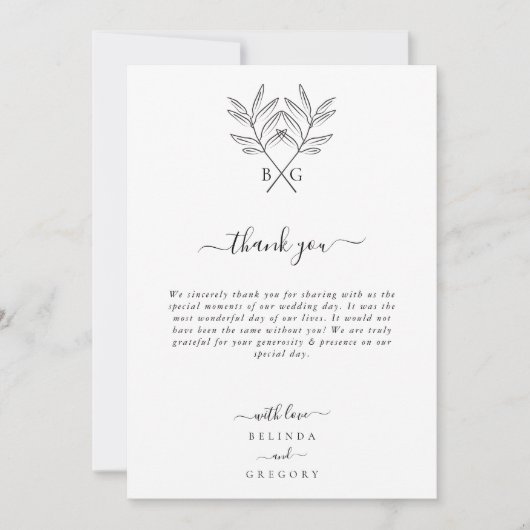 Minimalistische Botanische Rustikale Monogramm-Hoc Dankeskarte (Vorderseite)