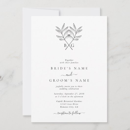 Minimalistische Botanische Rustikale Monogramm-Hoc Einladung (Vorderseite)