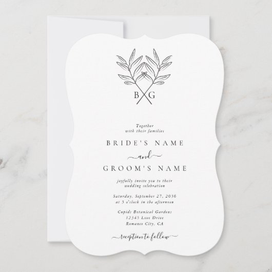 Minimalistische Botanische Rustikale Monogramm-Hoc Einladung (Vorderseite)