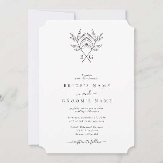 Minimalistische Botanische Rustikale Monogramm-Hoc Einladung (Vorderseite)