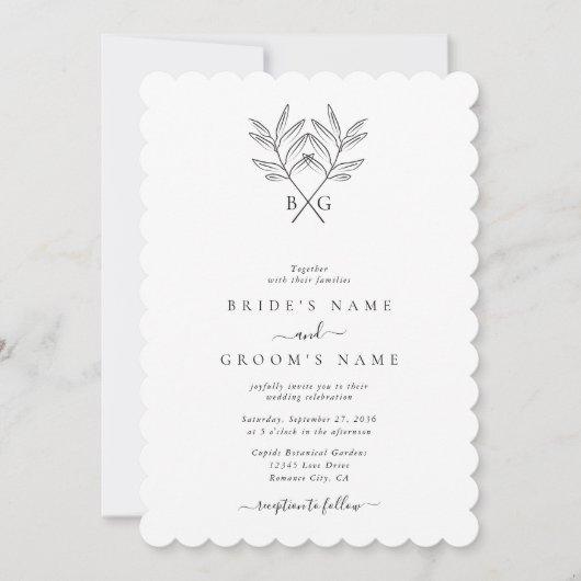 Minimalistische Botanische Rustikale Monogramm-Hoc Einladung (Vorderseite)