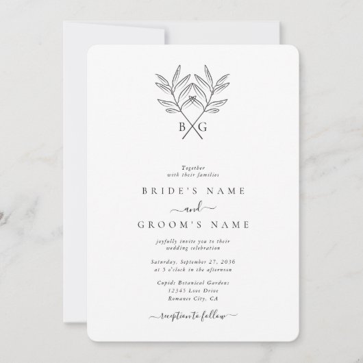 Minimalistische Botanische Rustikale Monogramm-Hoc Einladung (Vorderseite)