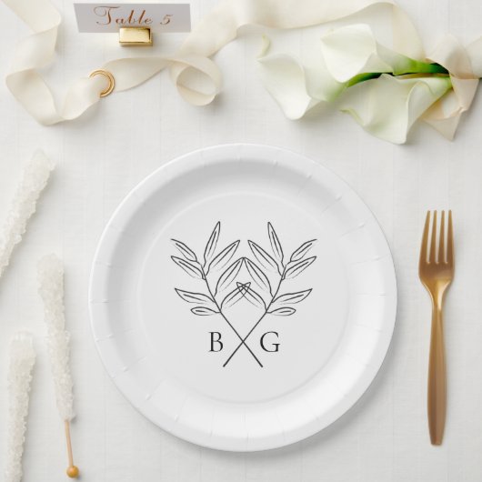 Minimalistische Botanische Rustikale Monogramm-Hoc Pappteller (Hochzeit)