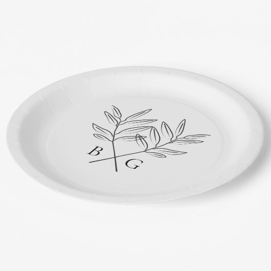 Minimalistische Botanische Rustikale Monogramm-Hoc Pappteller (Schrägansicht)