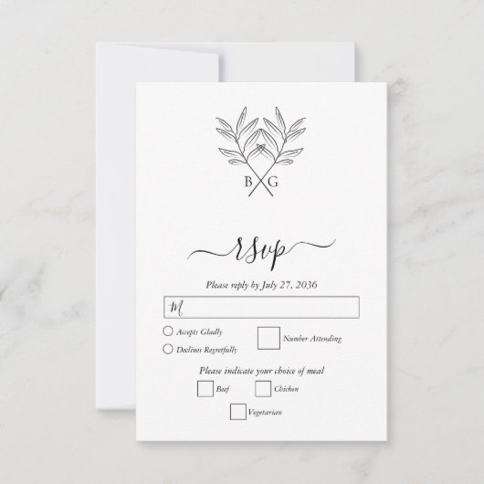 Minimalistische Botanische Rustikale Monogramm-Hoc RSVP Karte (Vorderseite)