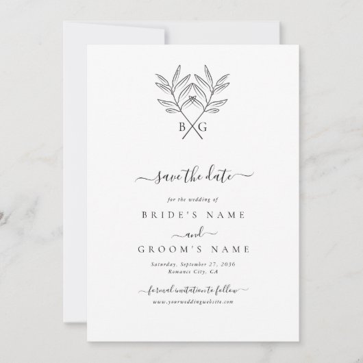 Minimalistische Botanische Rustikale Monogramm-Hoc Save The Date (Vorderseite)