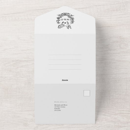 Minimalistische botanische Tauben Hochzeit mit ele All In One Einladung (Außenbereich)