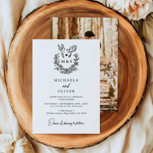 Minimalistische botanische Tauben Hochzeit mit ele Einladung