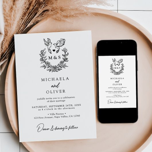 Minimalistische botanische Tauben Hochzeit mit ele Einladung