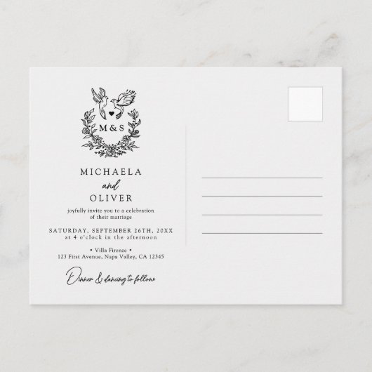 Minimalistische botanische Tauben Hochzeit mit ele Einladungspostkarte (Vorderseite)