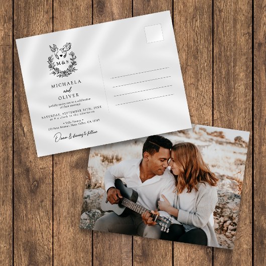 Minimalistische botanische Tauben Hochzeit mit ele Einladungspostkarte