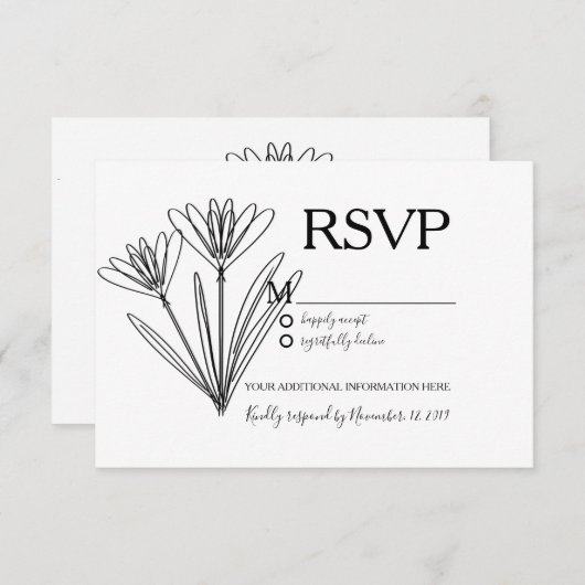 Minimalistische Botany Blume Line Art Wedding RSVP Einladung (Vorne/Hinten)