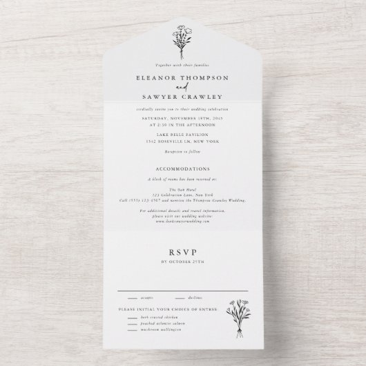 Minimalistische Bouquet Line Art Wedding All In One Einladung (Innen)