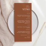 Minimalistische braune Terracotta auf der Karte<br><div class="desc">Einfache und elegante Hochzeitsmenüs, Party oder Jubiläumsmenü. Ein elegantes Design in der weißen und braunen Terrakotta oder in jeder beliebigen Hintergrundfarbe Sie wählen. Klicken Sie einfach auf den Link, um den Text anzupassen, der unter dem Bereich für die Textpersonalisierung rechts angezeigt wird, und wählen Sie Ihren eigenen Farbhintergrund aus. Dieses...</div>