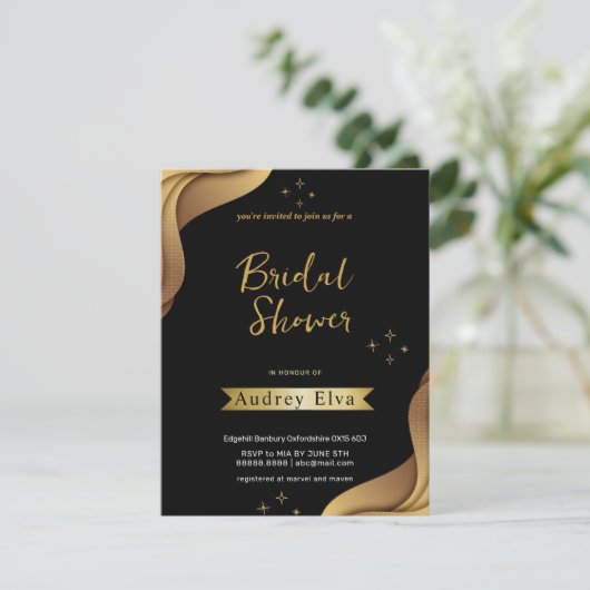 Minimalistische Brautdusche aus Schwarz und Golden Einladung (Stehend Vorderseite)