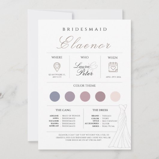 Minimalistische Bridesmaid Info-Karte Einladung (Vorderseite)