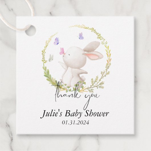 Minimalistische Bunny and Butterflies Babydusche Geschenkanhänger (Vorderseite)