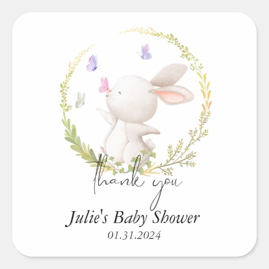 Minimalistische Bunny and Butterflies Babydusche Quadratischer Aufkleber (Vorderseite)