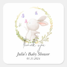Minimalistische Bunny and Butterflies Babydusche Quadratischer Aufkleber