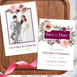 Minimalistische Burgund-Wasserfarbenblütenhochzeit Save The Date