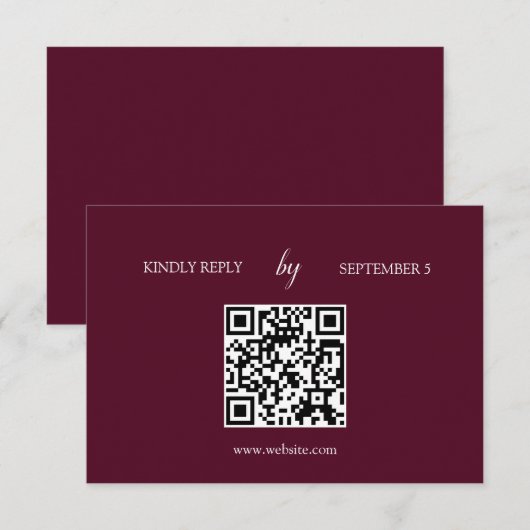 Minimalistische Burgundy QR Code Wedding RSVP Card Karte (Vorne/Hinten)
