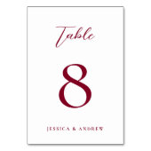 Minimalistische Burgundy Red & White Simple Weddin Tischnummer (Rückseite)