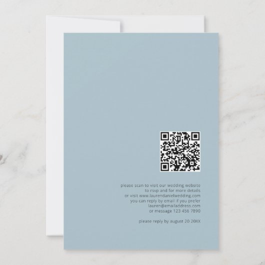 Minimalistische Butterfly-Wildblume QR Blue Weddin Einladung (Rückseite)