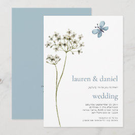 Minimalistische Butterfly-Wildblume QR Blue Weddin Einladung