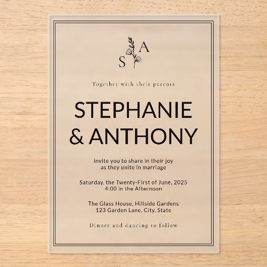 Minimalistische BW-Monogramm-Wildblume Acryleinladungen (Vorderseite)