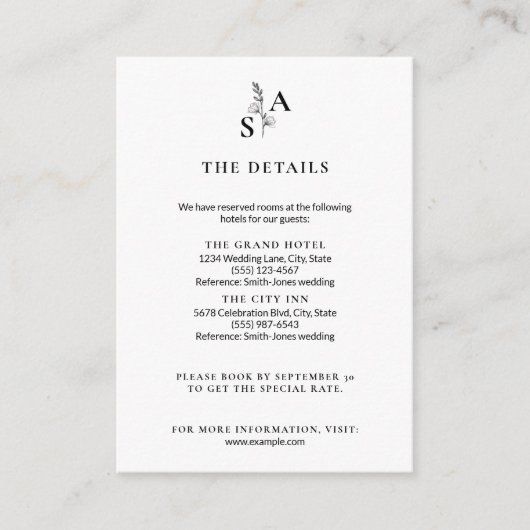 Minimalistische BW-Monogramm-Wildblume Begleitkarte (Vorderseite)