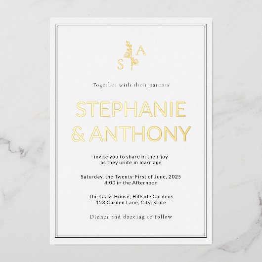 Minimalistische BW-Monogramm-Wildblume Folieneinladung (Vorderseite)