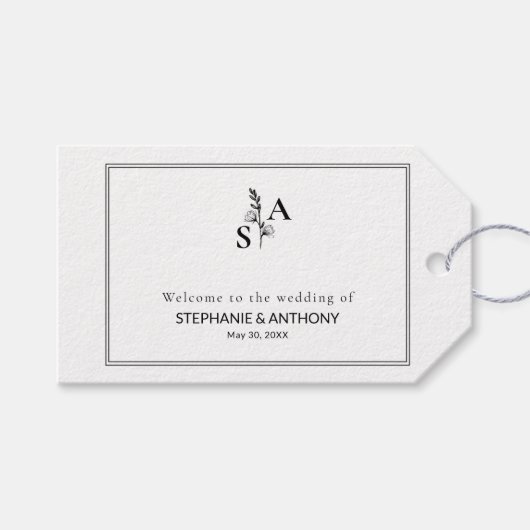 Minimalistische BW-Monogramm-Wildblume Geschenkanhänger (Vorderseite (Horizontal))