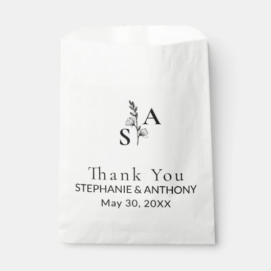 Minimalistische BW-Monogramm-Wildblume Geschenktütchen (Vorderseite)