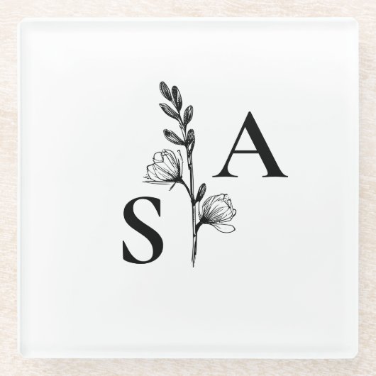 Minimalistische BW-Monogramm-Wildblume Glasuntersetzer (Vorderseite)