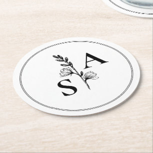 Minimalistische BW-Monogramm-Wildblume Runder Pappuntersetzer