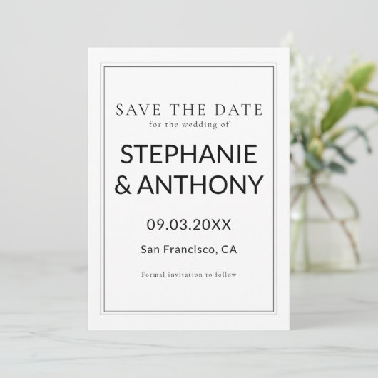 Minimalistische BW-Monogramm-Wildblume Save The Date (Stehend Vorderseite)