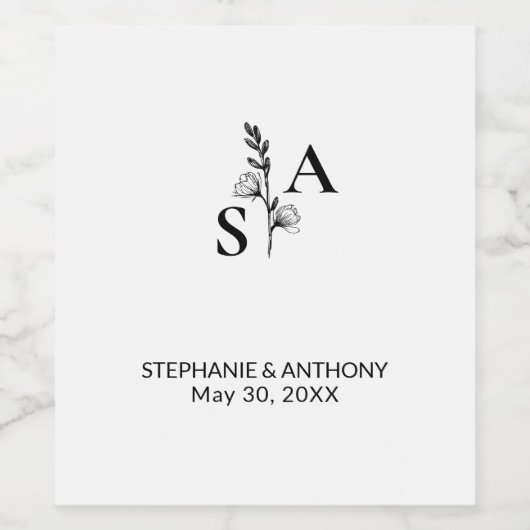 Minimalistische BW-Monogramm-Wildblume Weinetikett (Einzelnes Label)
