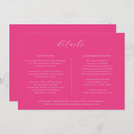 Minimalistische Cerise Pink Wedding Details Card Einladung (Vorne/Hinten)