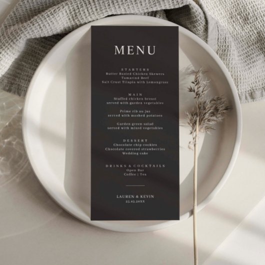 Minimalistische Charcoal Simple Wedding Menu Card Menükarte