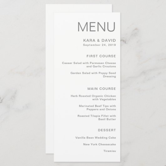 Minimalistische Chic-Hochzeit | Grau Menükarte (Vorne/Hinten)