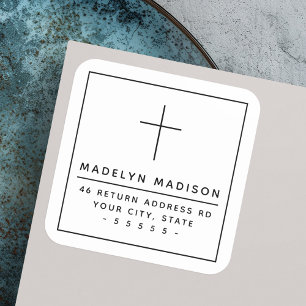 Minimalistische Christliche Kreuz-Rücksendeadresse Quadratischer Aufkleber