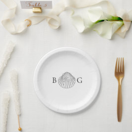 Minimalistische Clam Seashell Monogram-Gastgeschen Pappteller