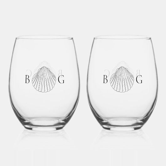 Minimalistische Clam Seashell Monogram-Gastgeschen Weinglas Ohne Stiel (Rückseite)
