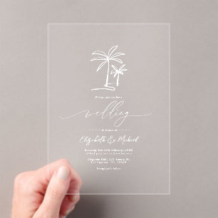 Minimalistische Coastal Chic Palm Tree Hochzeit Acryleinladungen