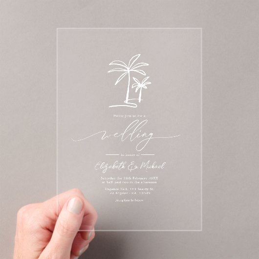 Minimalistische Coastal Chic Palm Tree Hochzeit Acryleinladungen (Insitu (Handheld))